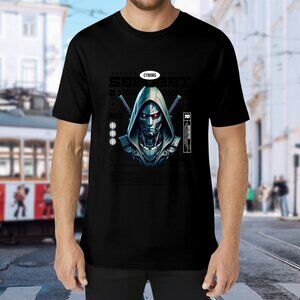 Brand New Cyborg Graphic Tee with Hooded Warrior Print - Black
